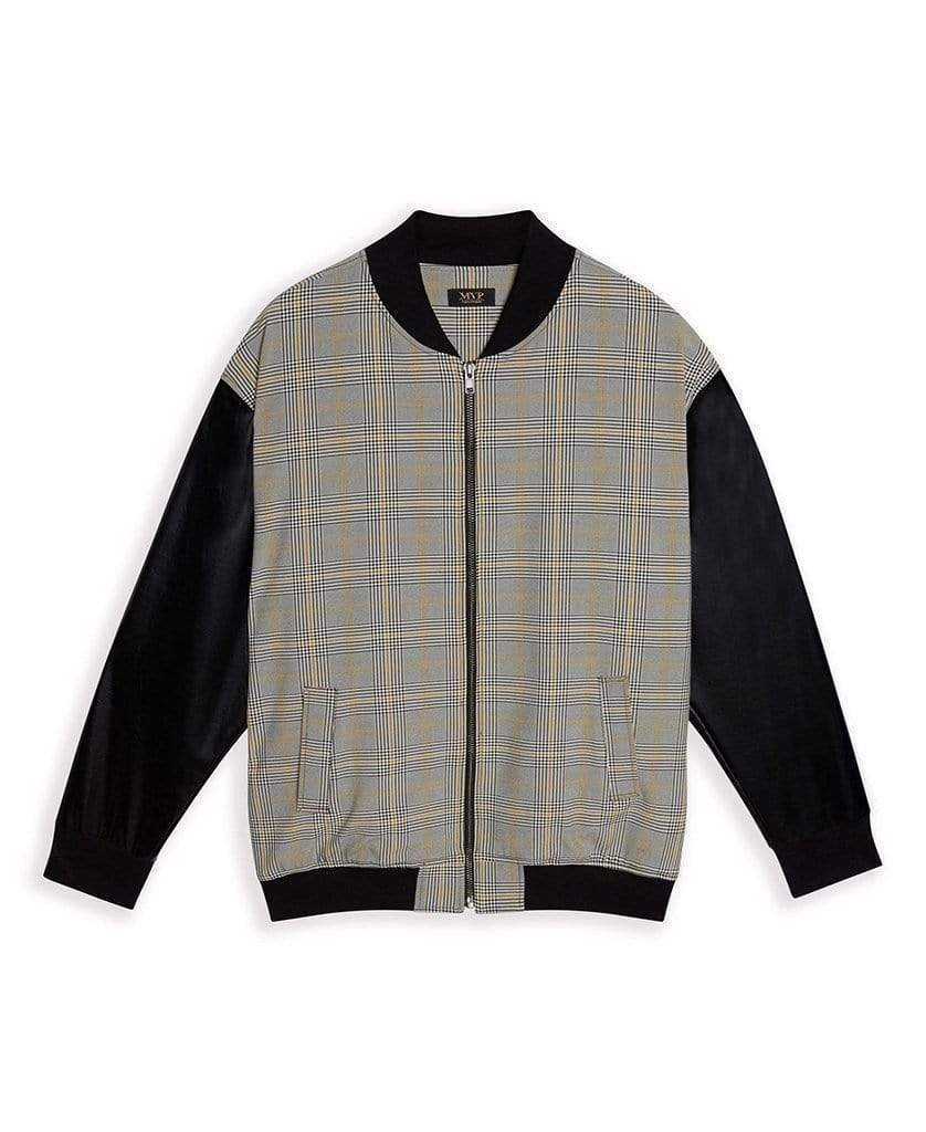 MVP Collections Jackets Plaid Bomber Jacket with Faux Leather Sleeves