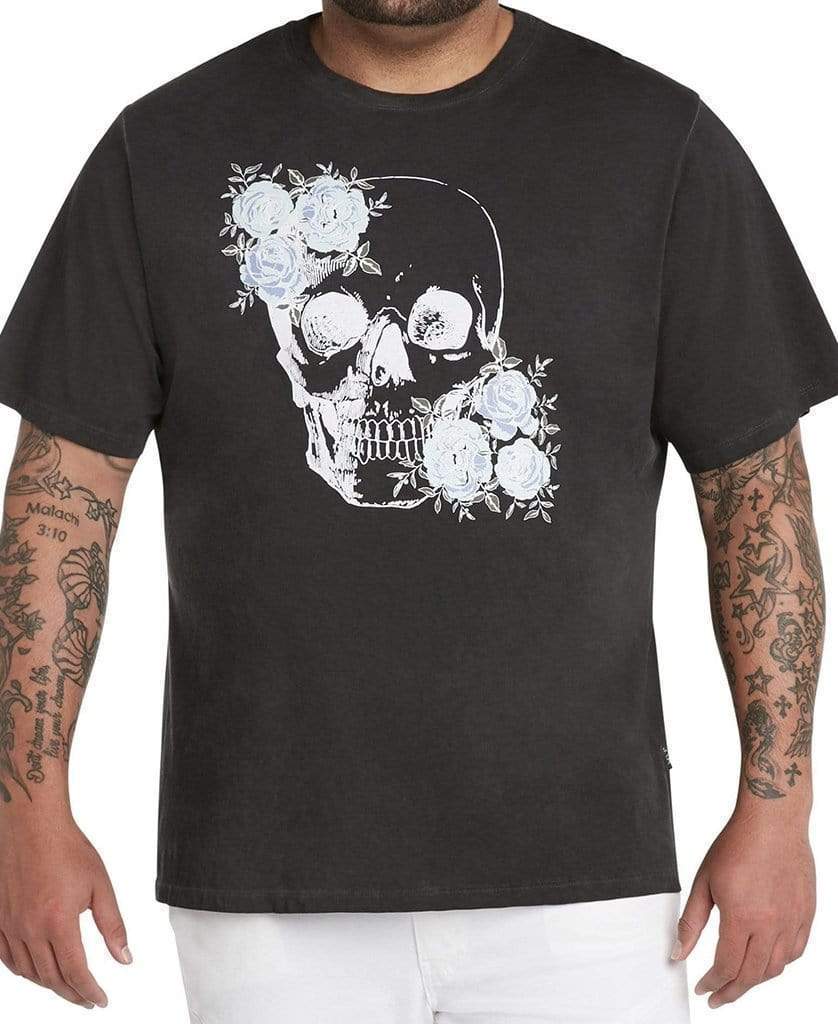 MVP Collections Graphic Tees Floral Sequin Skull Print Oil Wash T Shirt