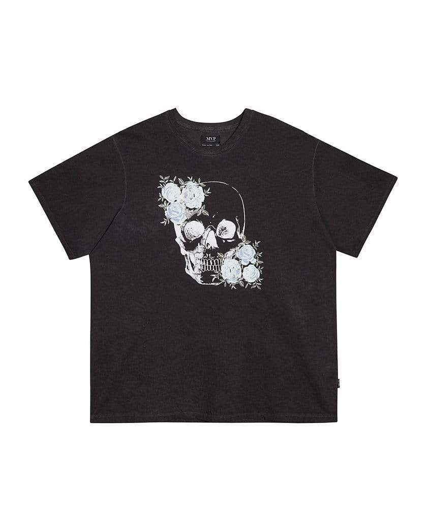 MVP Collections Graphic Tees Floral Sequin Skull Print Oil Wash T Shirt